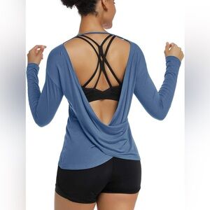 Blue Open-Back Drape Long Sleeve Top – Size L